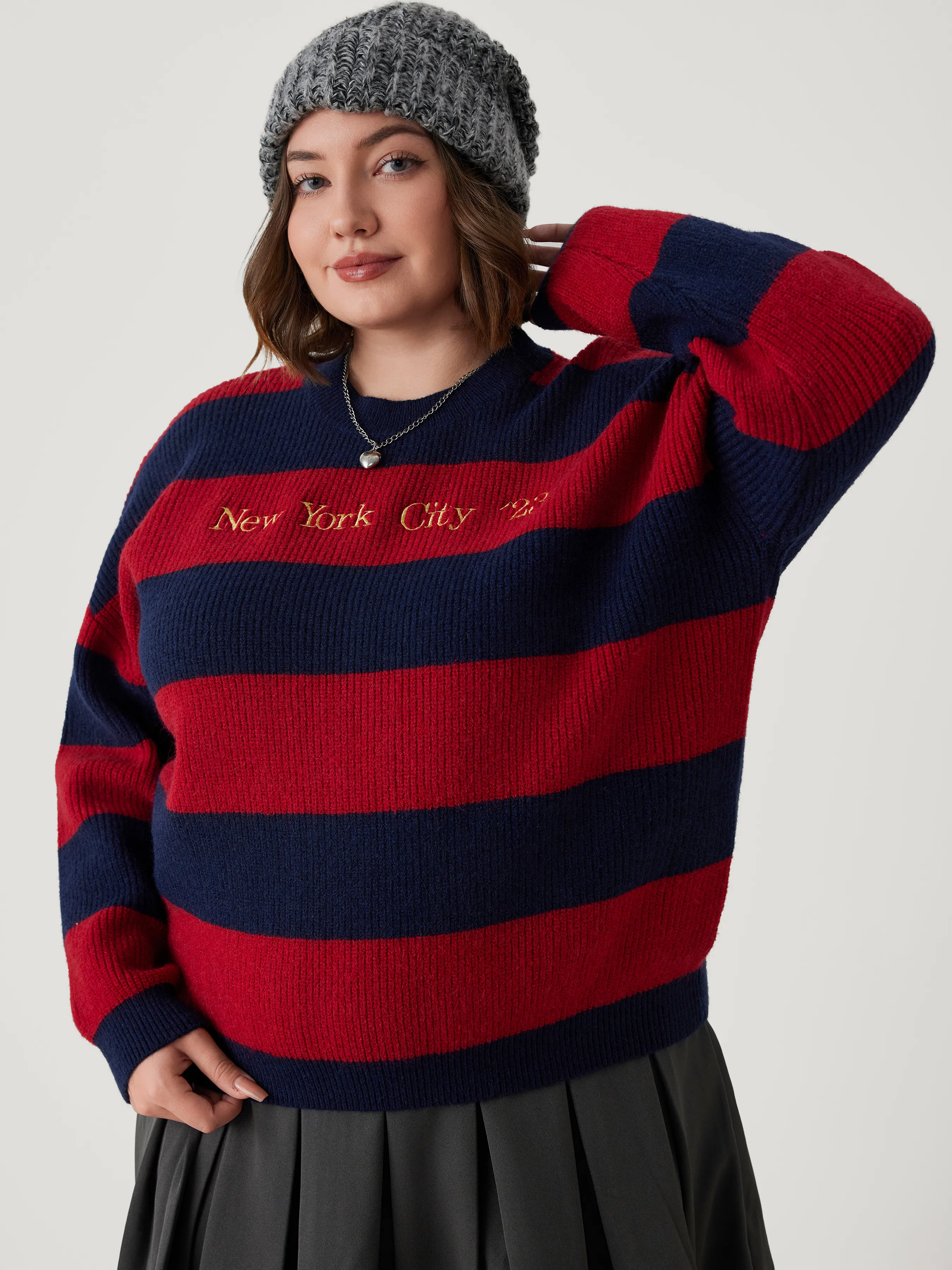  Top de Manga Larga de Punto con Letras y Escote Redondo Curvy