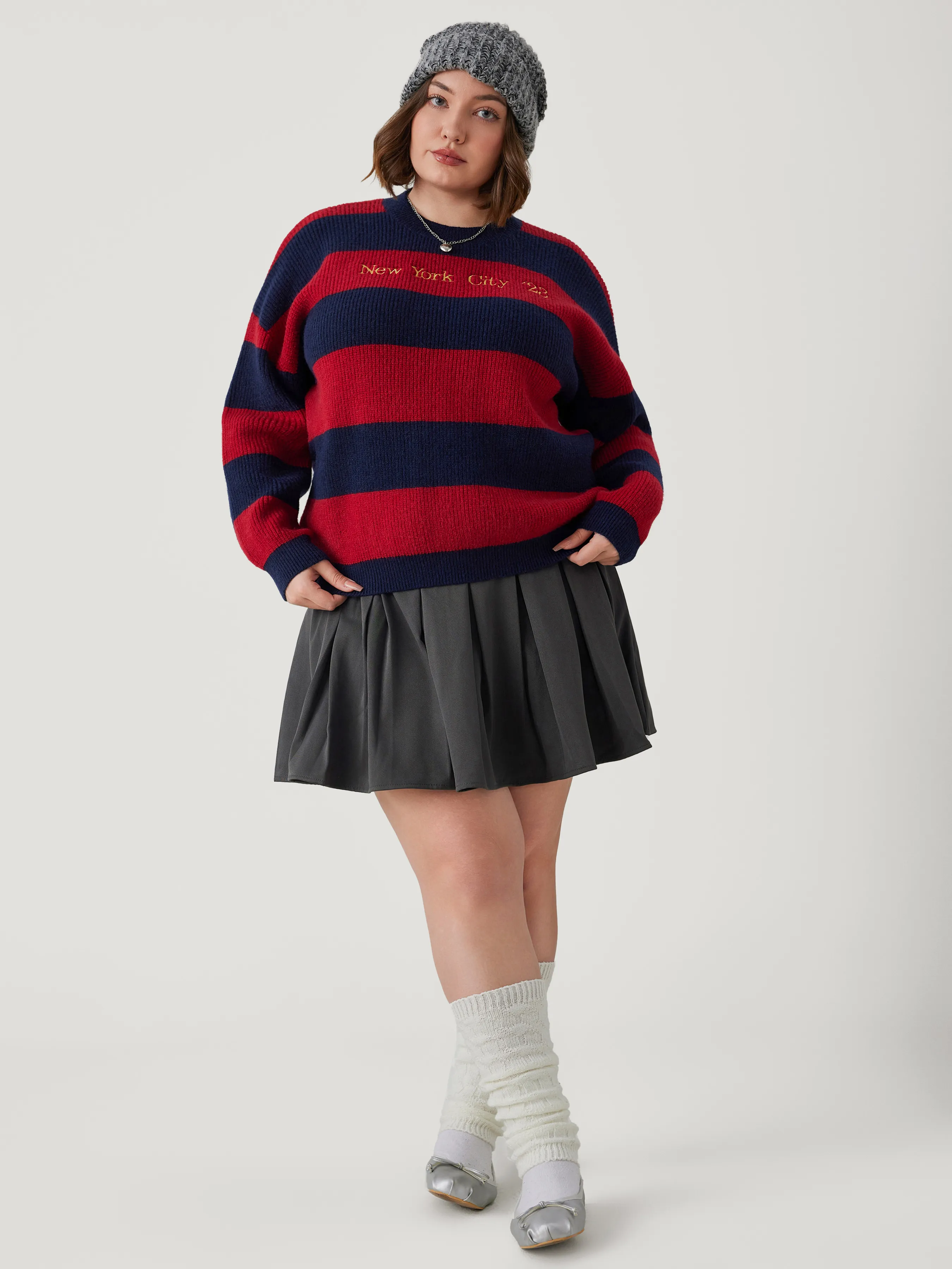  Top de Manga Larga de Punto con Letras y Escote Redondo Curvy