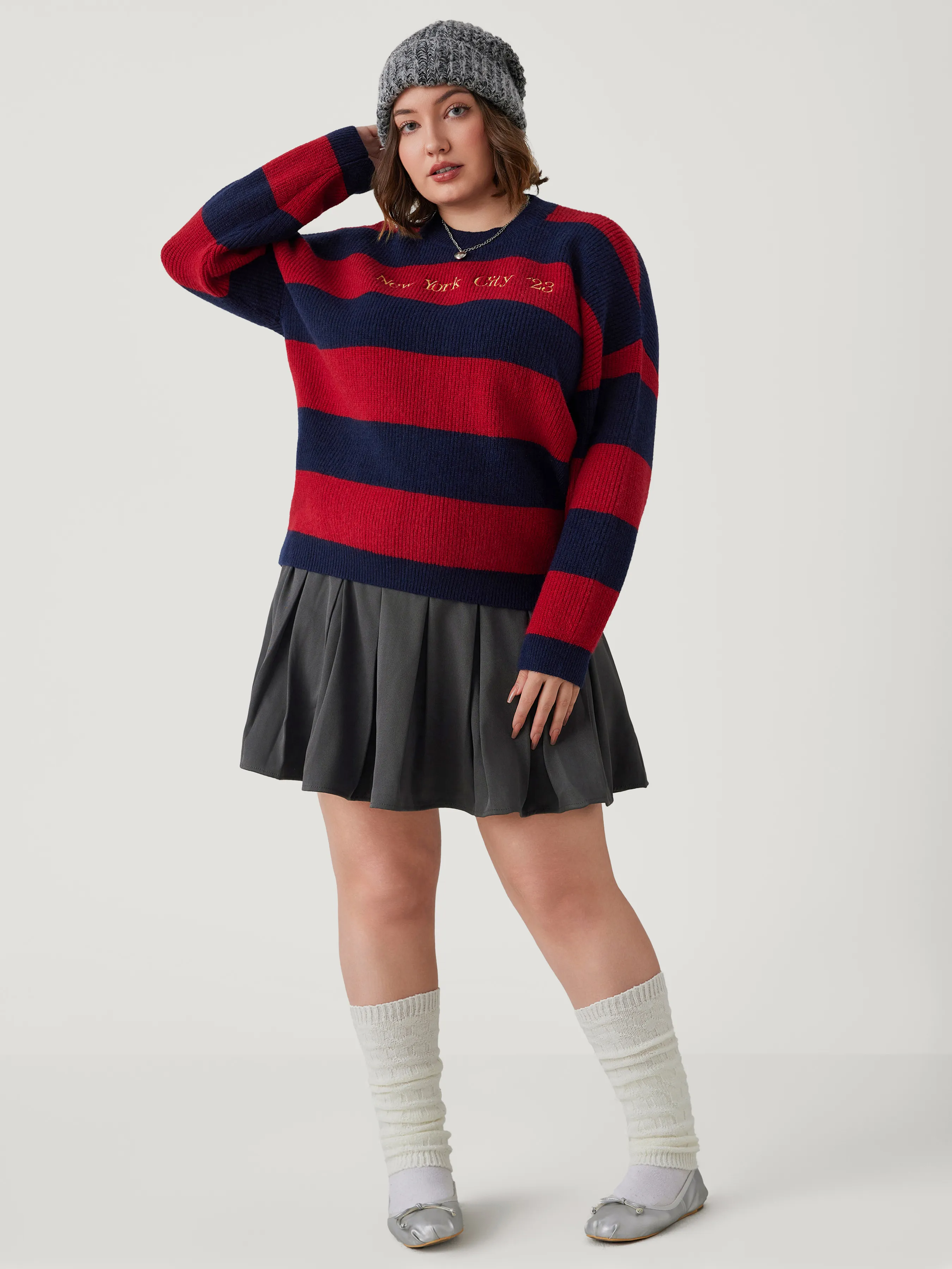  Top de Manga Larga de Punto con Letras y Escote Redondo Curvy