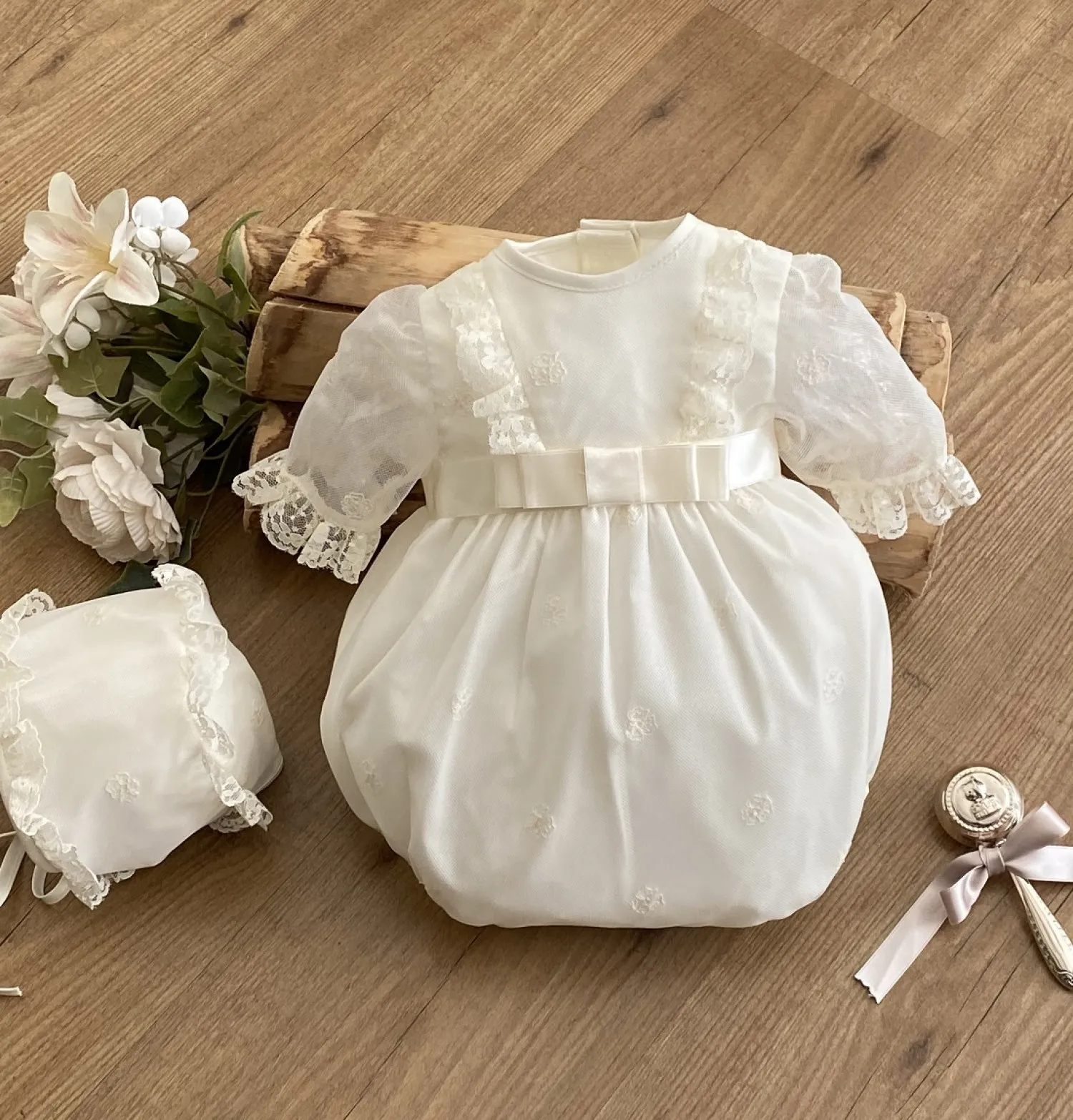 Unisex set. Embroidered tulle romper and bonnet