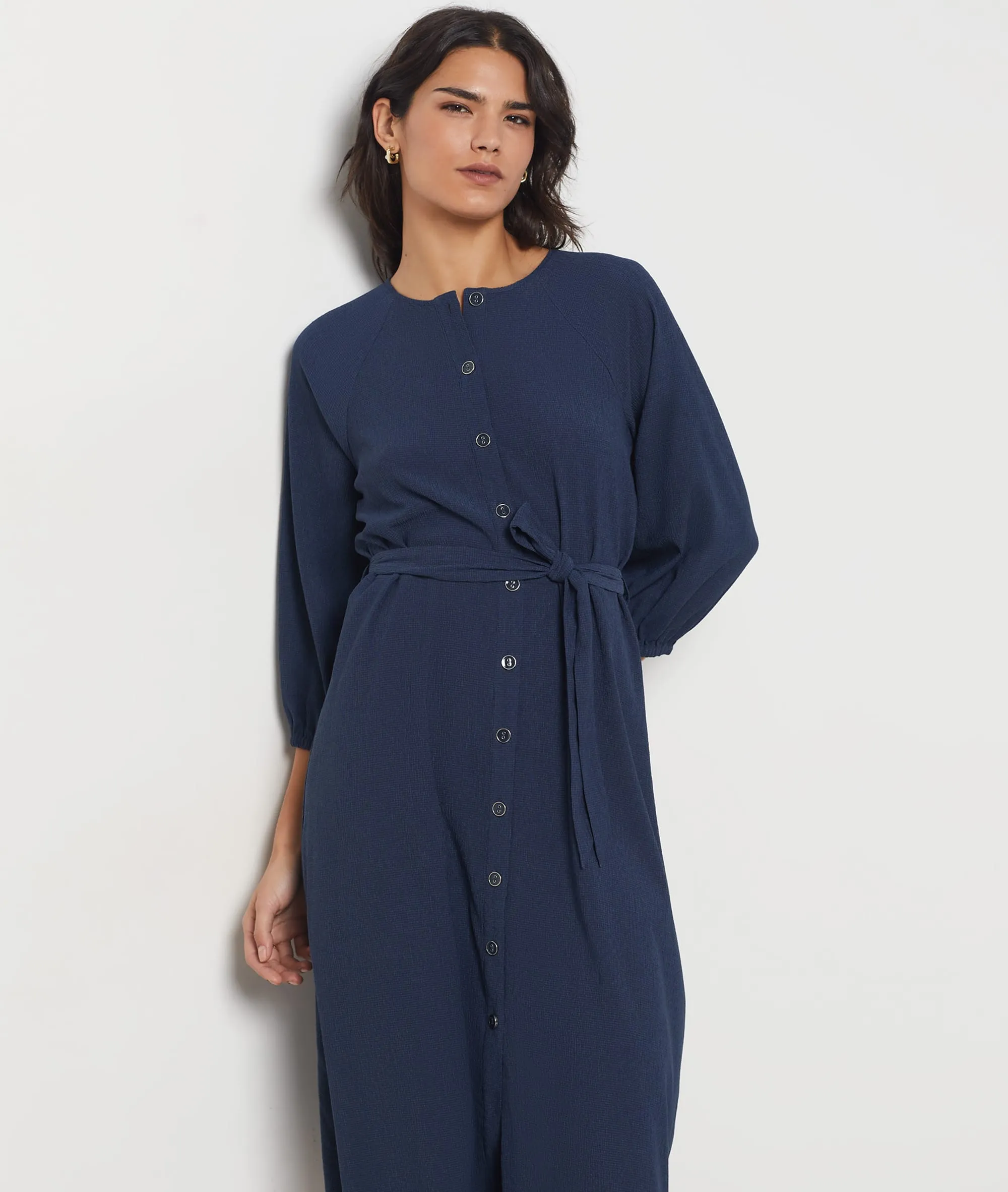 VESTIDO CIERRE BOTONES CON CINTURóN RINGO MARINE  ETAM