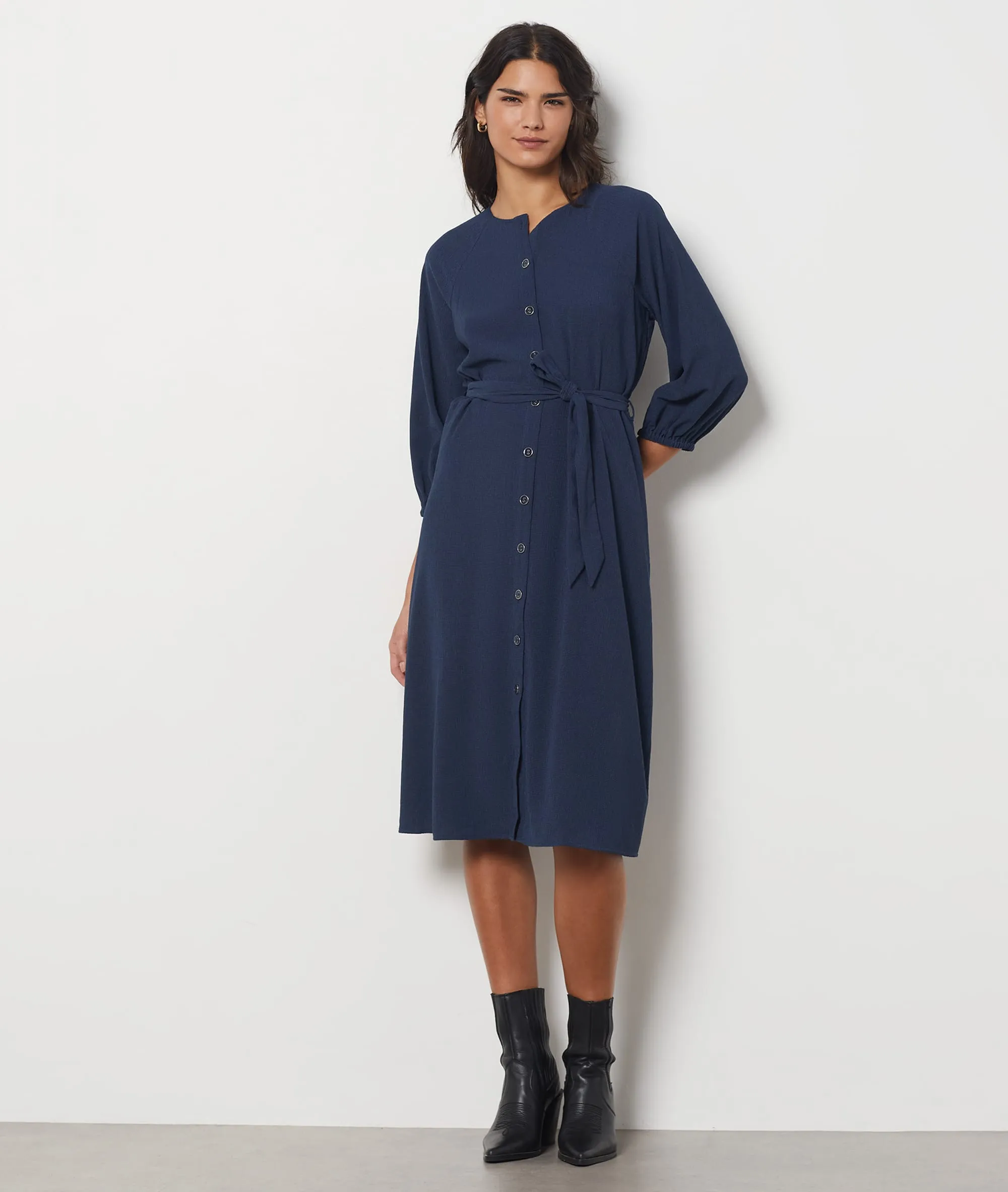 VESTIDO CIERRE BOTONES CON CINTURóN RINGO MARINE  ETAM