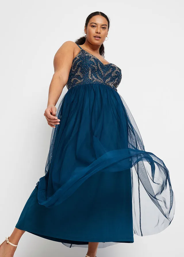 Vestido con aplicaciones de perlas Azul petróleo