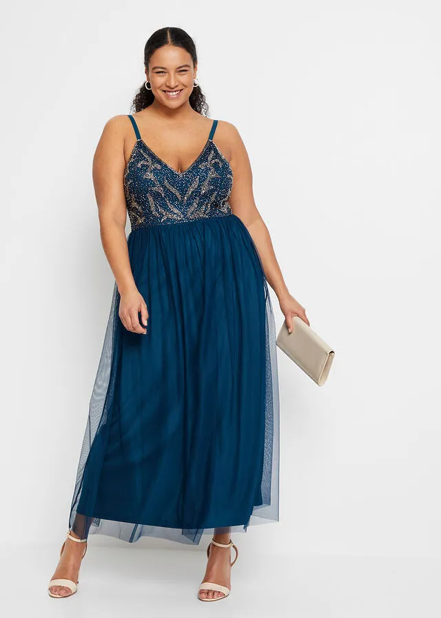 Vestido con aplicaciones de perlas Azul petróleo
