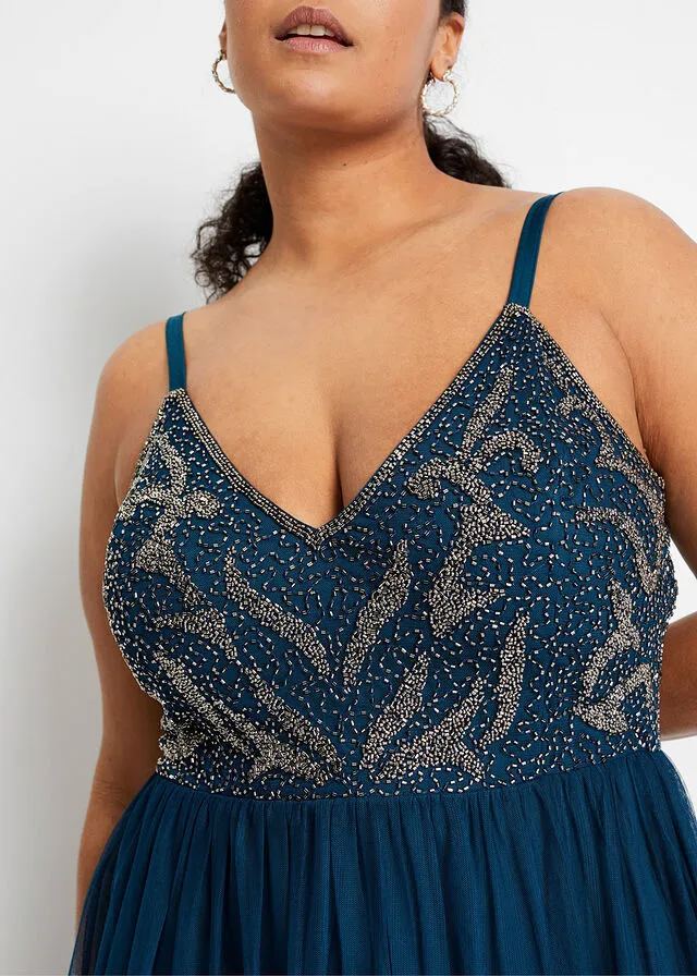 Vestido con aplicaciones de perlas Azul petróleo