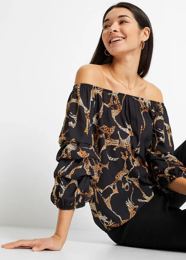Vestido con escote bañera Negro con estampado de tigre