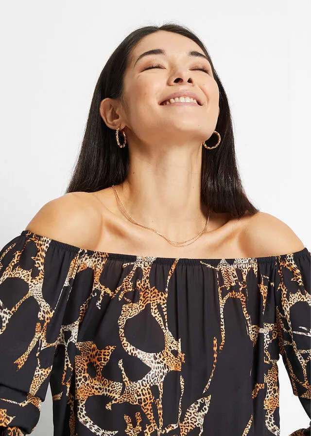 Vestido con escote bañera Negro con estampado de tigre