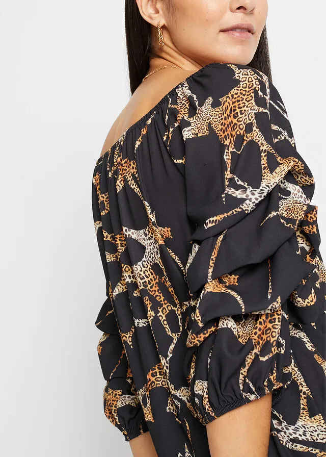 Vestido con escote bañera Negro con estampado de tigre