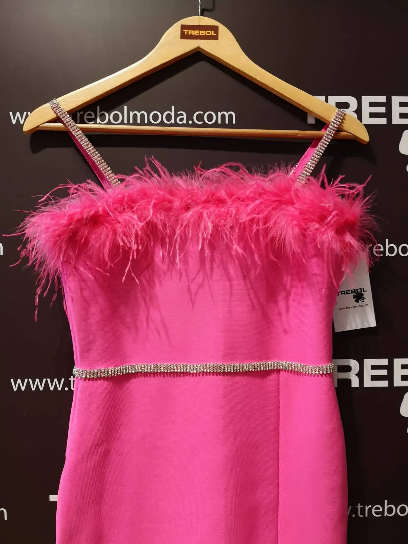 Vestido con escote de plumas