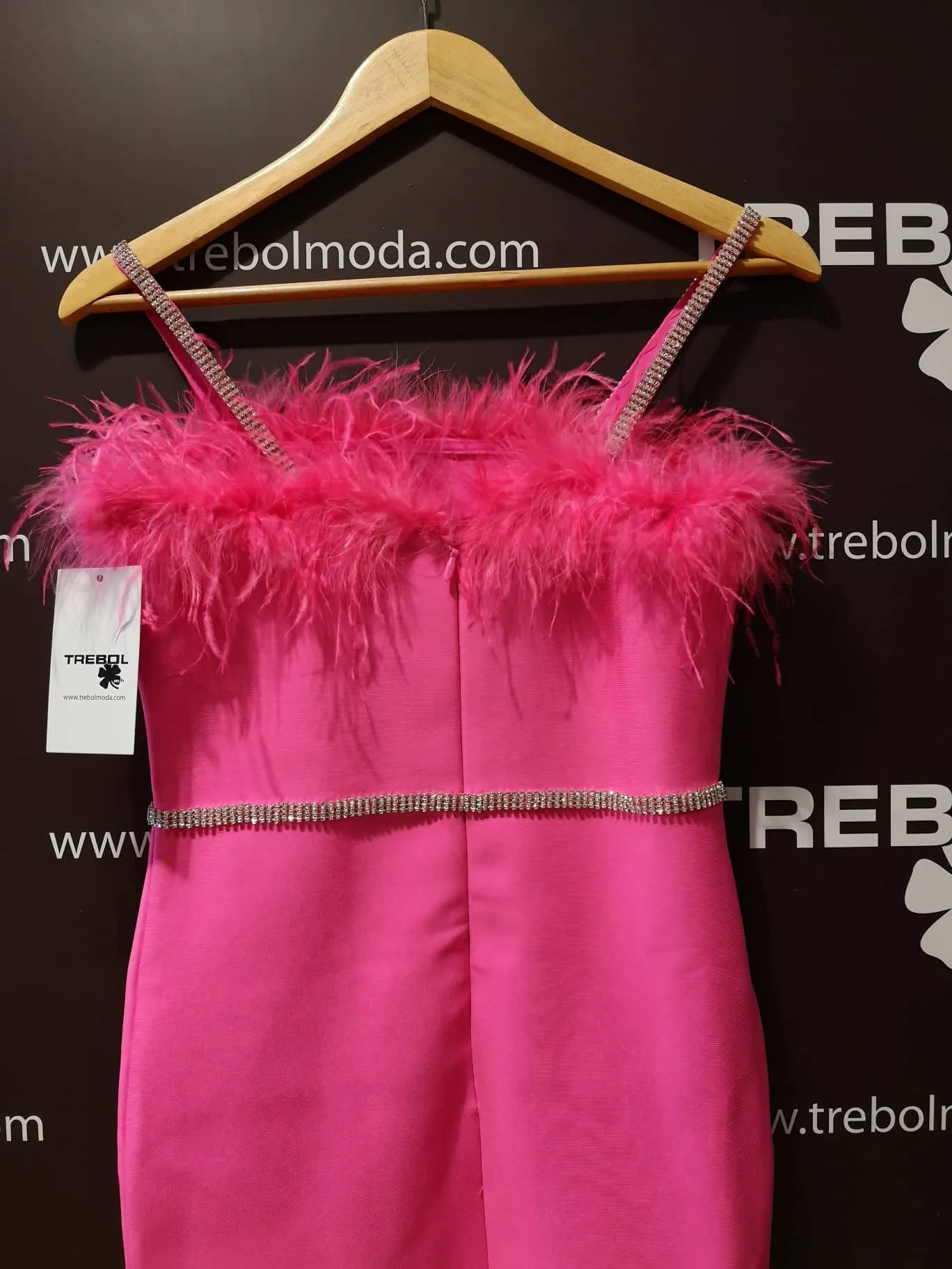 Vestido con escote de plumas