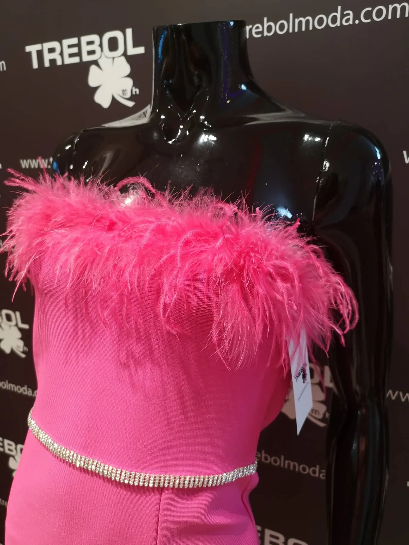 Vestido con escote de plumas