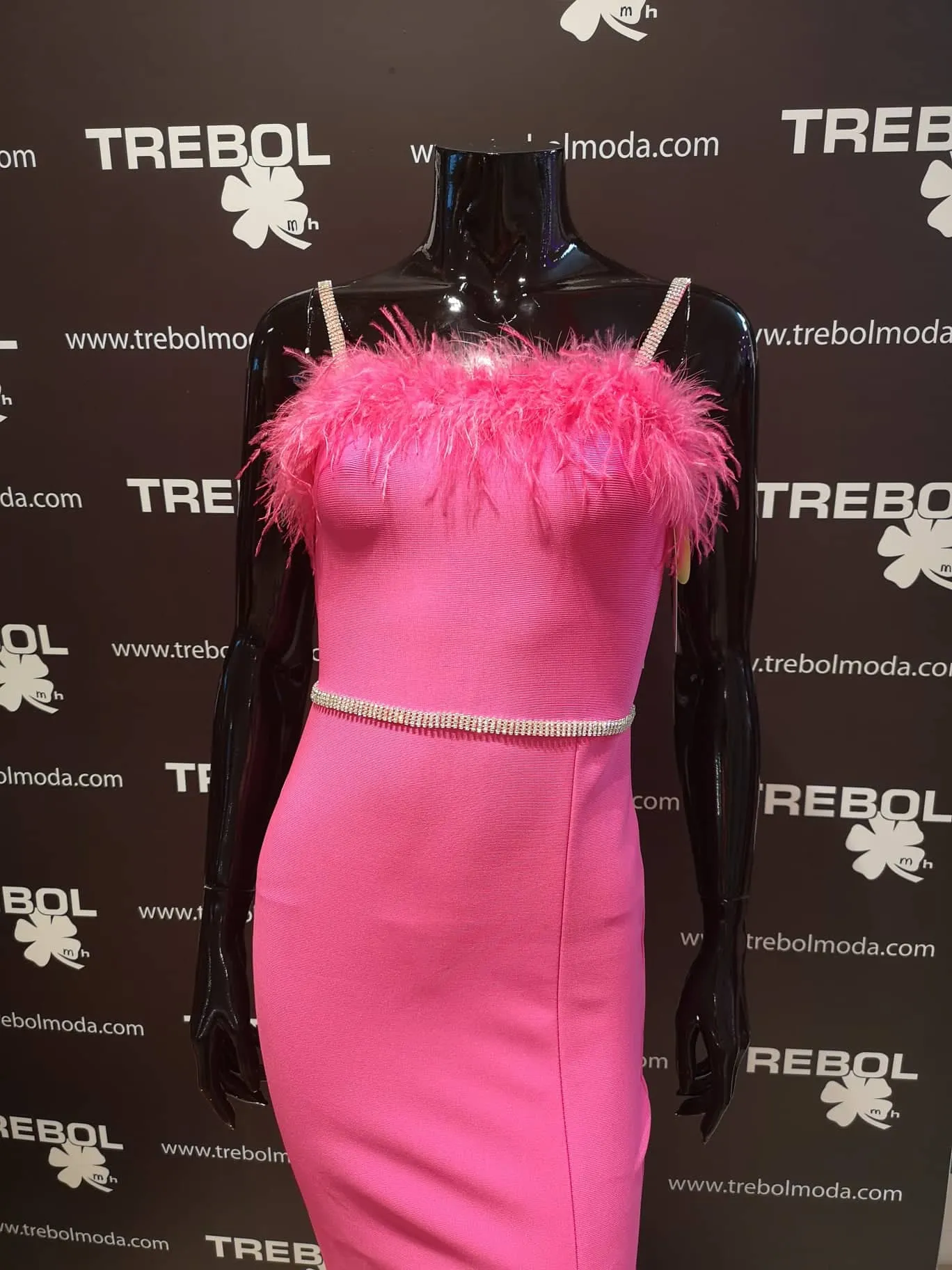 Vestido con escote de plumas