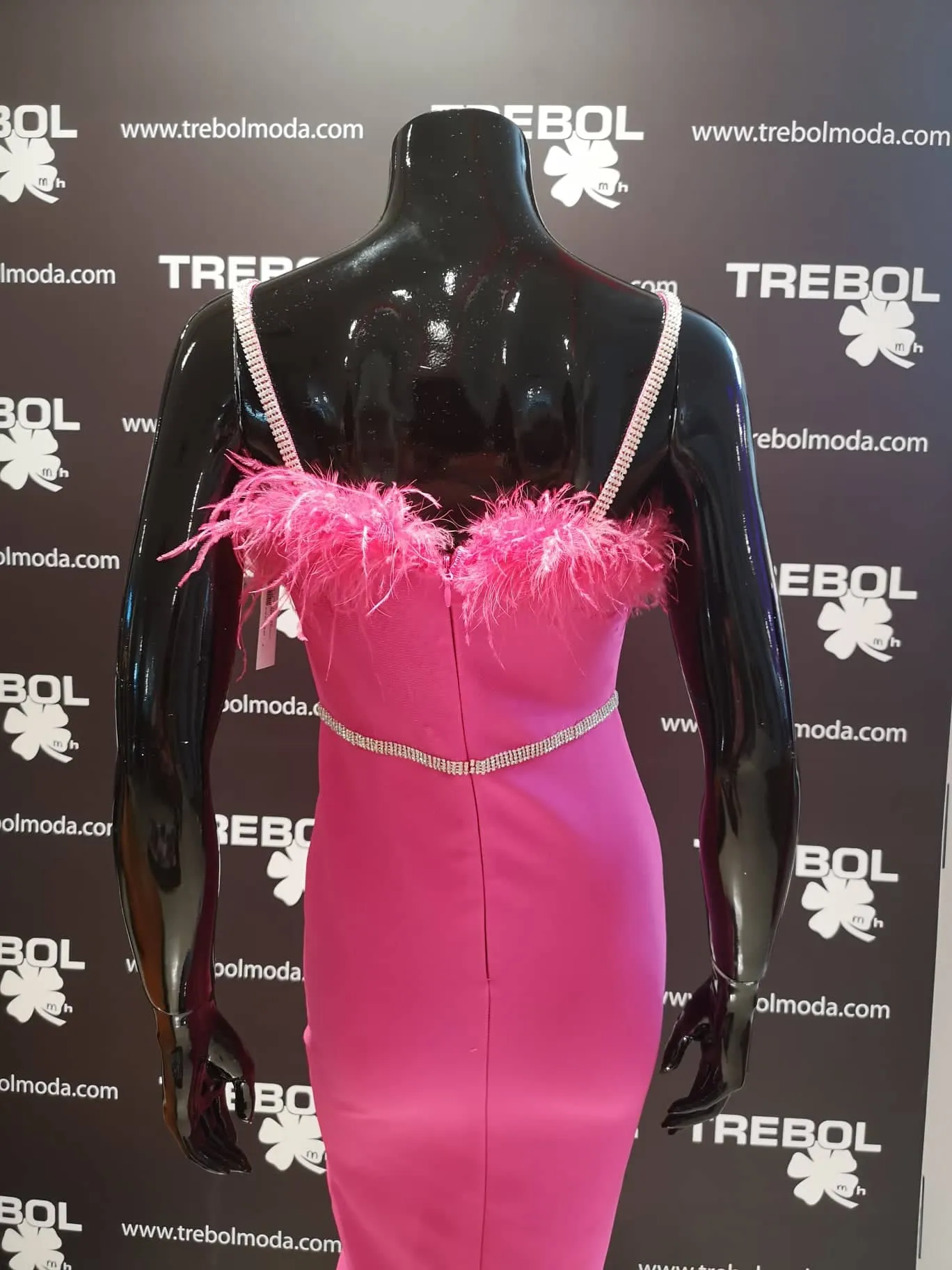 Vestido con escote de plumas