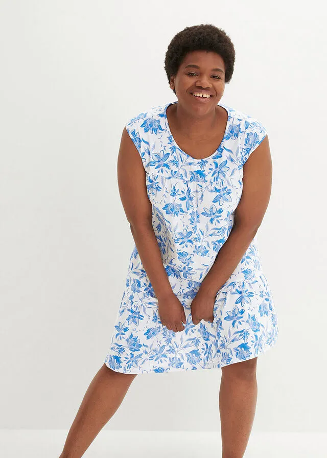 Vestido con volante, hasta la rodilla blanco/azur con flores