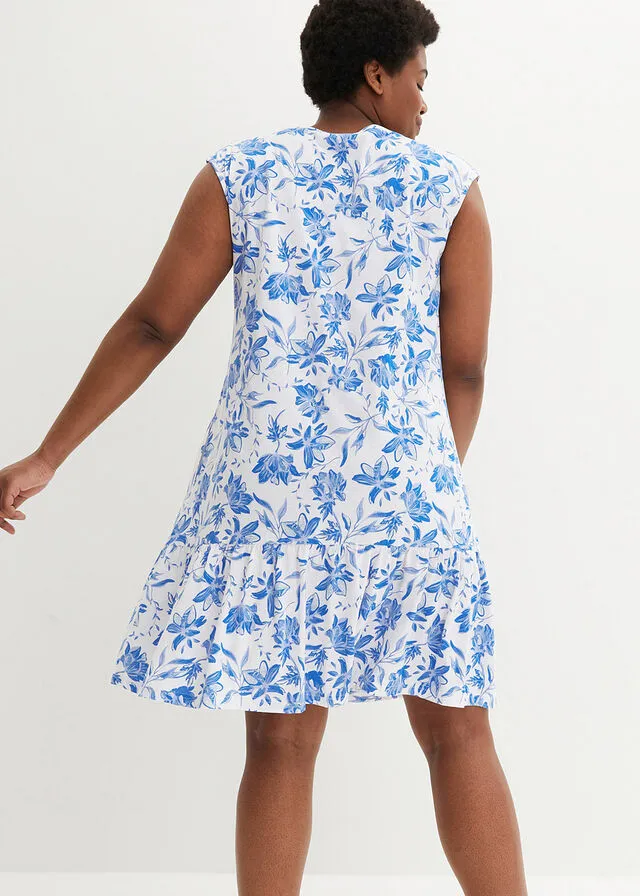 Vestido con volante, hasta la rodilla blanco/azur con flores