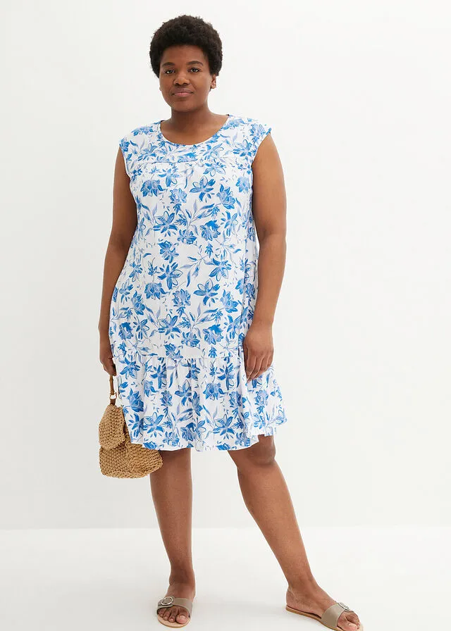 Vestido con volante, hasta la rodilla blanco/azur con flores