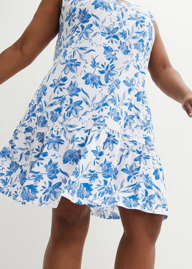 Vestido con volante, hasta la rodilla blanco/azur con flores