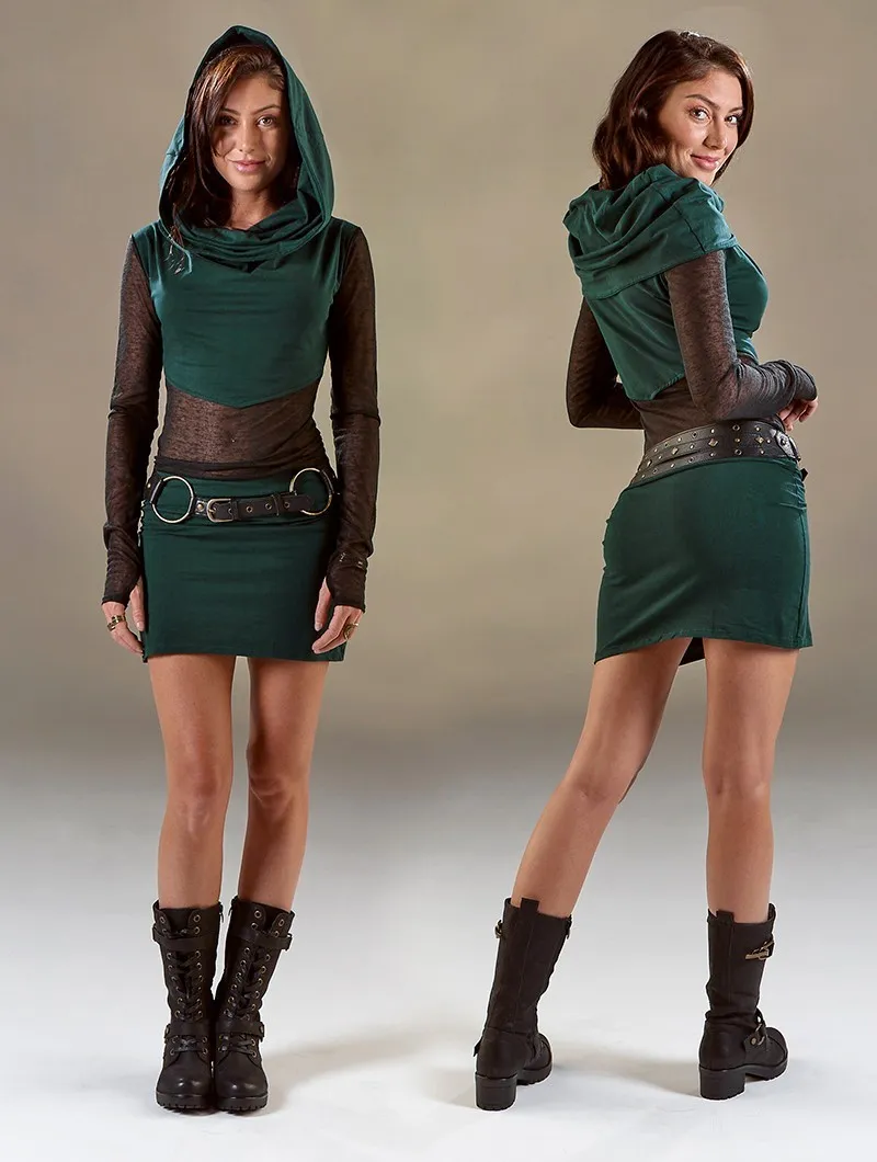 Vestido corto de manga larga con aplicaciones transparentes 