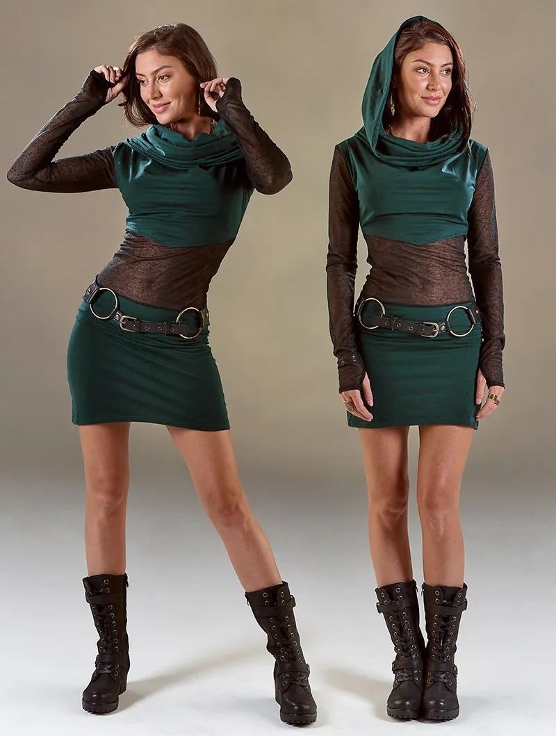 Vestido corto de manga larga con aplicaciones transparentes 