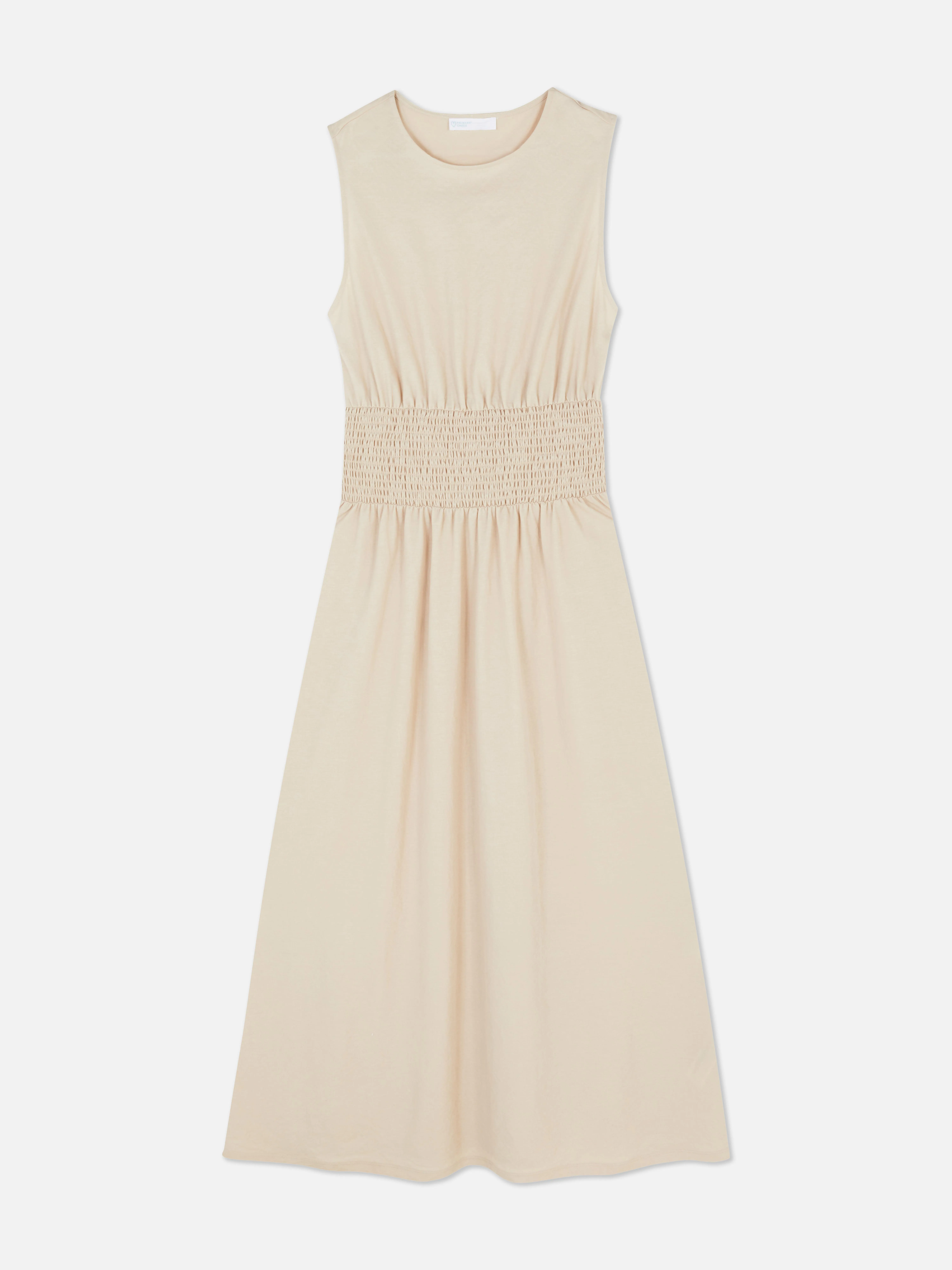 Vestido midi sin mangas de cintura fruncida