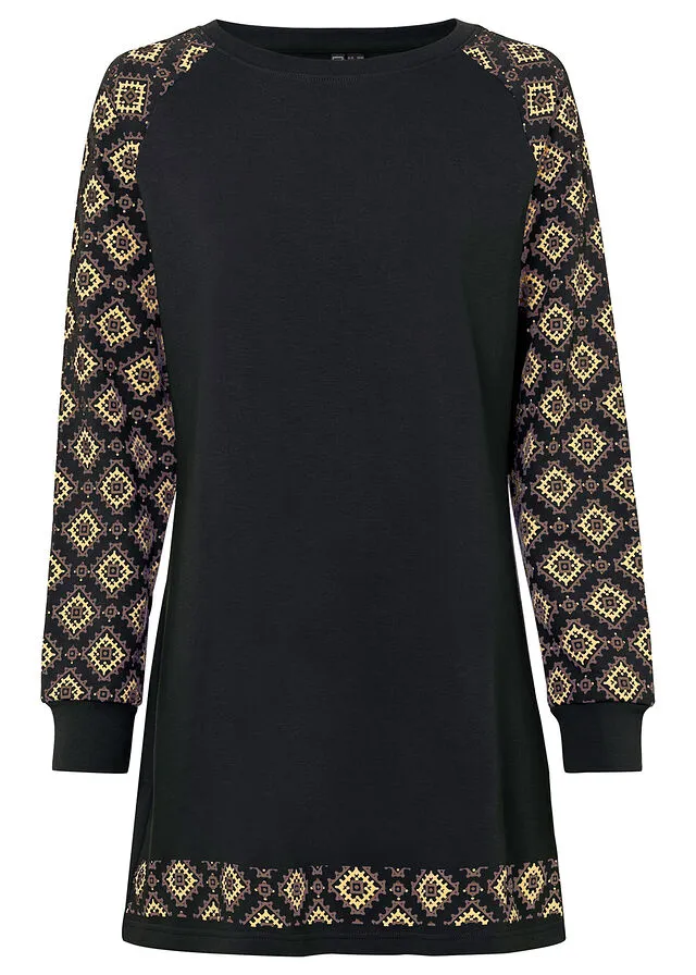 VESTIDO TIPO SUDADERA CON ESTAMPADO NEGROMARRóNAMARILLO